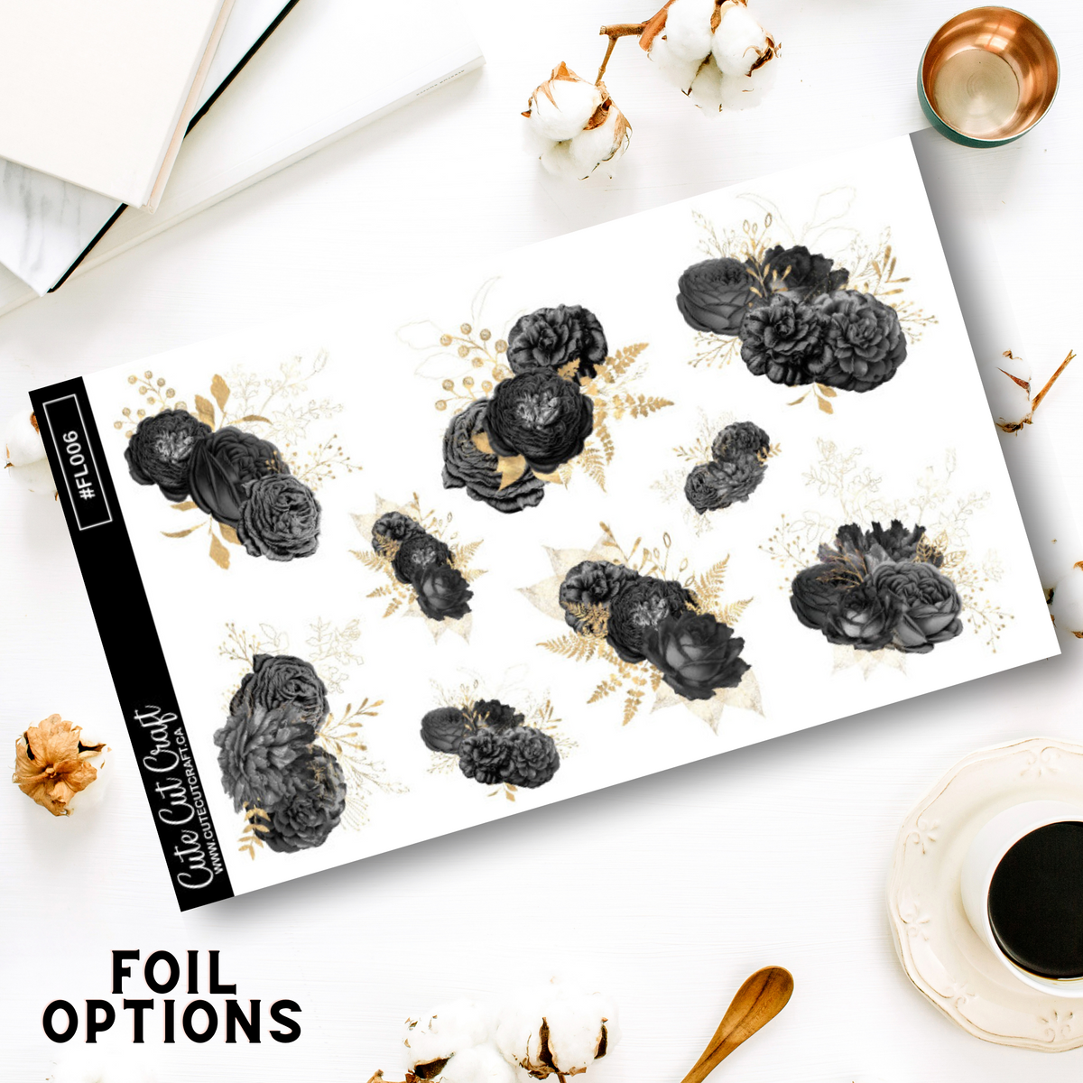 Black Night Florals || Decorative Foiled Sheet